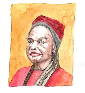 Aquarellporträt von Faith Ringgold mit Falten, roter Kopfbedeckung, rotem Oberteil und orangefarbenen Hintergrund