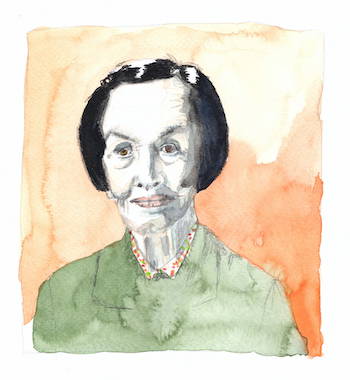 Aquarellporträt von Francoise Hilot mit Falten, schwazen Haaren, grünem Oberteil und orangefarbenen Hintergrund