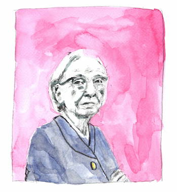 Aquarell-Porträt einer älteren Frau mit grauem Haar und Brille. Sie trägt eine blaue Jacke mit einem gelben Knopf. Der Hintergrund ist in verschiedenen Rosatönen gehalten.