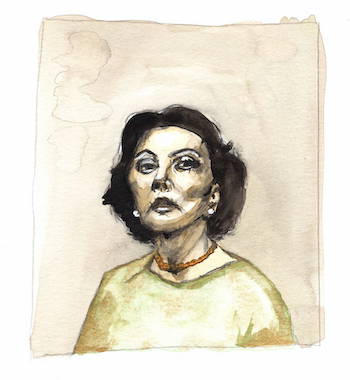 Aquarell-Porträt einer Frau mit schulterlangem, dunklem Haar. Sie trägt ein hellgrünes-goldenes Oberteil, eine orange Halskette und Perlenohrringe. Der Hintergrund ist in verschiedenen Beigetönen gehalten.