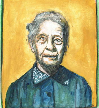Aquarell-Porträt einer älteren Frau mit grauem Haar. Sie trägt eine dunkelblaue Bluse mit einem weißen, gemusterten Kragen. Der Hintergrund ist in einem leuchtenden Gelbton gehalten und von einem grünen Rand umgeben.