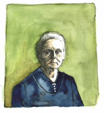 Aquarell-Porträt einer älteren Frau mit grauem Haar. Sie trägt eine dunkelblaue Bluse mit einem weissen Schmuckdetail am Kragen. Der Hintergrund ist in verschiedenen Grüntönen gehalten.