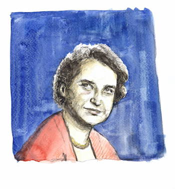 Aquarell-Porträt einer Frau mit lockigem, dunklem Haar. Sie trägt eine rote Jacke und eine goldene Halskette. Der Hintergrund ist in verschiedenen Blautönen gehalten.