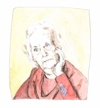 Aquarell-Porträt einer Frau mit weißen Haaren. Sie stützt ihren Kopf auf eine Hand und schaut etwas traurig. Ihr Oberteil ist rot, der Hintergrund ist gelb.