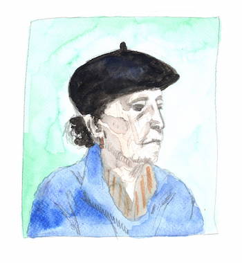 Aquarell-Porträt einer älteren Frau mit einem schwarzen Barett und grauem Haar, das zu einem Zopf gebunden ist. Sie trägt eine blaue Jacke und ein orange gestreiftes Hemd. Der Hintergrund ist in verschiedenen Grüntönen gehalten.