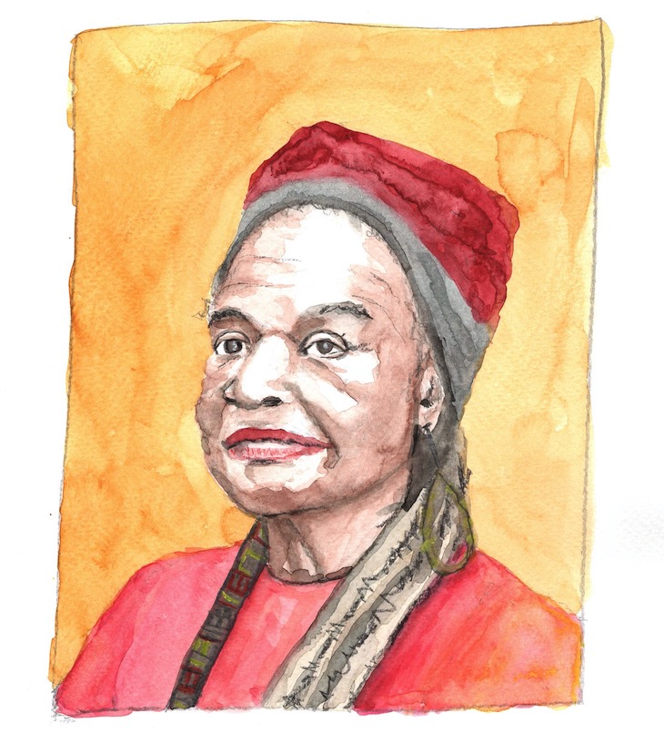 Aquarellporträt von Faith Ringgold mit Falten, roter Kopfbedeckung, rotem Oberteil und orangefarbenen Hintergrund