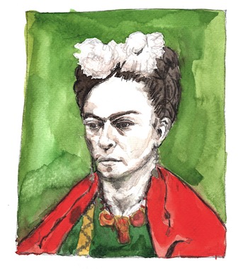 Aquarell-Porträt einer Frau mit hochgestecktem, dunklem Haar und weißen Blüten im Haar. Sie trägt eine grüne Bluse mit einem gelben Muster und einen roten Umhang. Der Hintergrund ist in verschiedenen Grüntönen gehalten.