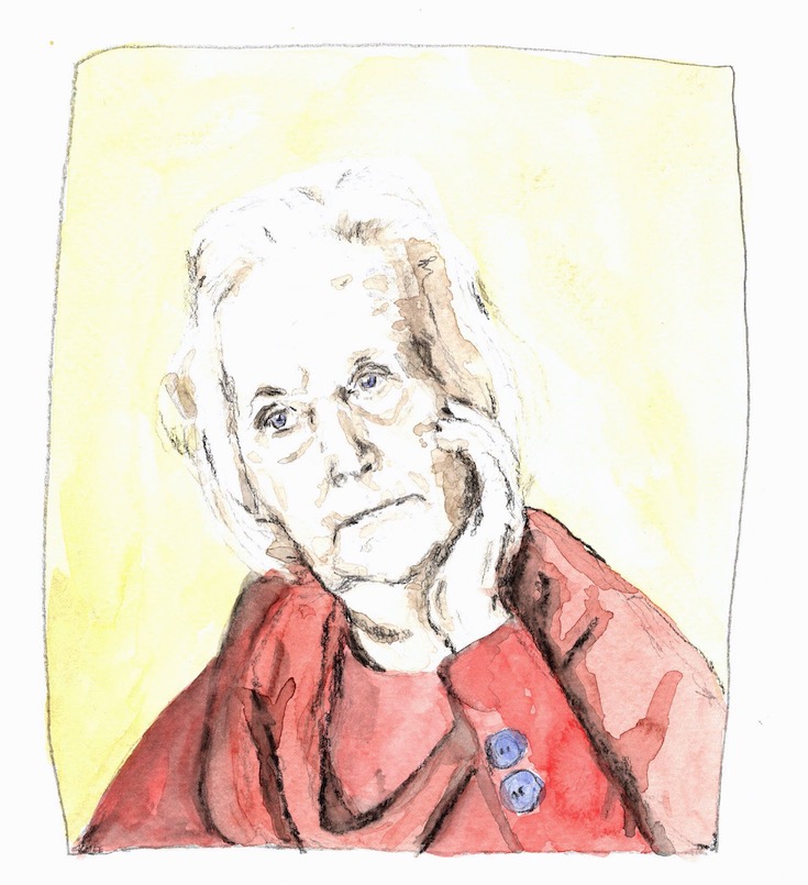 Aquarell-Porträt einer Frau mit weißen Haaren. Sie stützt ihren Kopf auf eine Hand und schaut etwas traurig. Ihr Oberteil ist rot, der Hintergrund ist gelb.