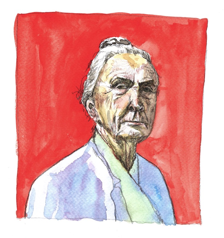 Aquarell-Porträt einer älteren Frau mit grauem Haar, das zu einem Knoten gebunden ist. Sie trägt ein hellblaues Oberteil. Der Hintergrund ist in einem kräftigen Rotton gehalten.