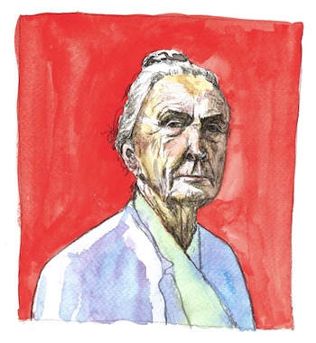 Aquarell-Porträt einer älteren Frau mit grauem Haar, das zu einem Knoten gebunden ist. Sie trägt ein hellblaues Oberteil. Der Hintergrund ist in einem kräftigen Rotton gehalten.