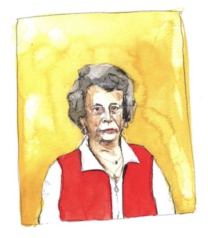 Aquarell-Porträt einer älteren Frau mit grauem, welligem Haar. Sie trägt eine weiße Bluse und eine rote Weste. Der Hintergrund ist in einem leuchtenden Gelbton gehalten.