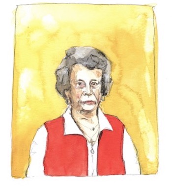 Aquarell-Porträt einer älteren Frau mit grauem, welligem Haar. Sie trägt eine weiße Bluse und eine rote Weste. Der Hintergrund ist in einem leuchtenden Gelbton gehalten.