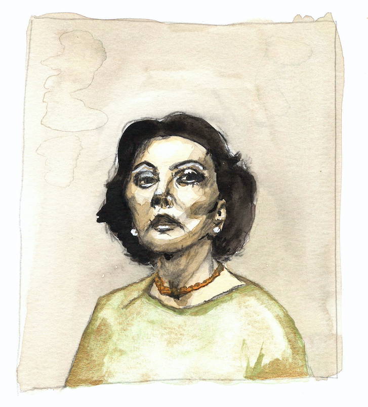 Aquarell-Porträt einer Frau mit schulterlangem, dunklem Haar. Sie trägt ein hellgrünes-goldenes Oberteil, eine orange Halskette und Perlenohrringe. Der Hintergrund ist in verschiedenen Beigetönen gehalten.