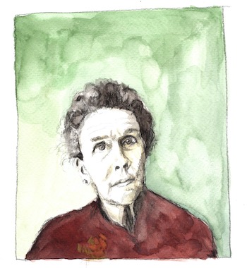 Aquarell-Porträt einer älteren Frau mit hochgestecktem, grauem Haar. Sie trägt eine dunkelrote Bluse. Der Hintergrund ist in verschiedenen Grüntönen gehalten.