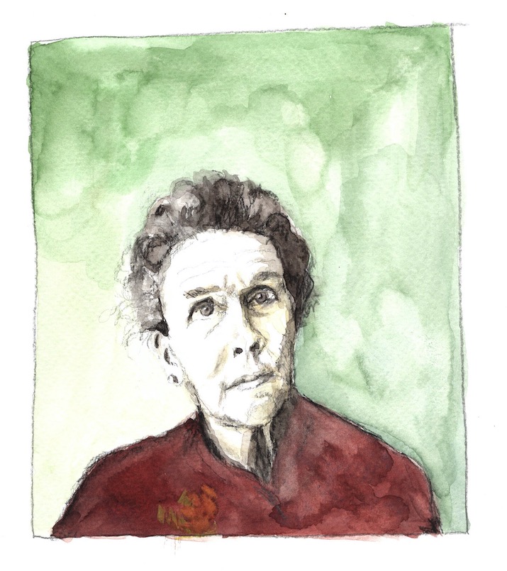 Aquarell-Porträt einer älteren Frau mit hochgestecktem, grauem Haar. Sie trägt eine dunkelrote Bluse. Der Hintergrund ist in verschiedenen Grüntönen gehalten.