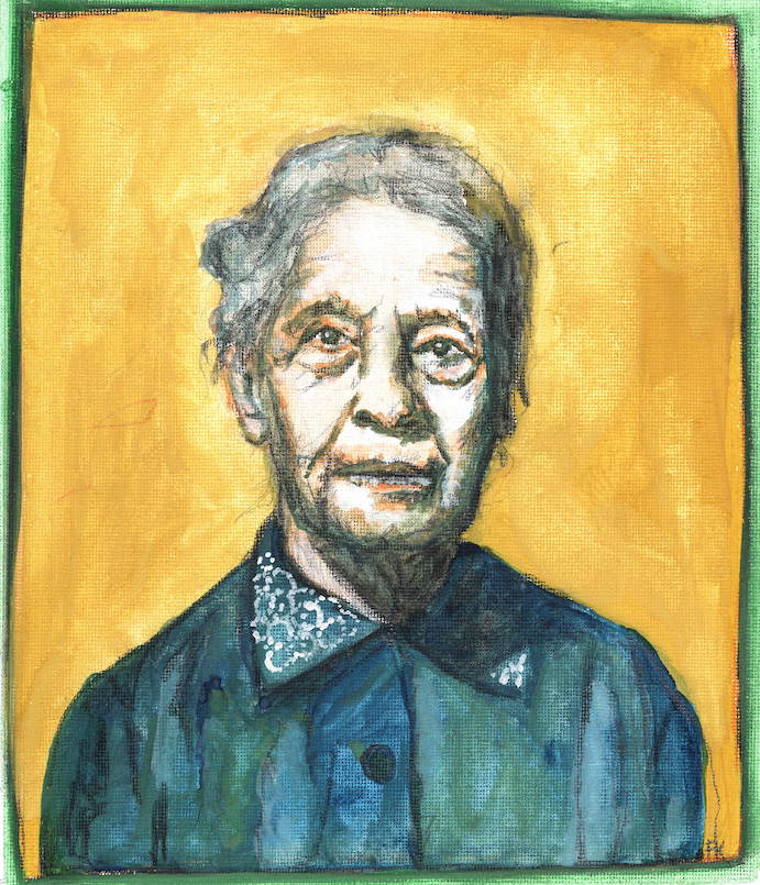 Aquarell-Porträt einer älteren Frau mit grauem Haar. Sie trägt eine dunkelblaue Bluse mit einem weißen, gemusterten Kragen. Der Hintergrund ist in einem leuchtenden Gelbton gehalten und von einem grünen Rand umgeben.