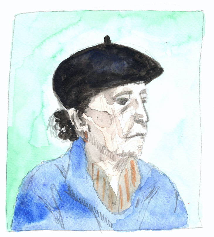 Aquarell-Porträt einer älteren Frau mit einem schwarzen Barett und grauem Haar, das zu einem Zopf gebunden ist. Sie trägt eine blaue Jacke und ein orange gestreiftes Hemd. Der Hintergrund ist in verschiedenen Grüntönen gehalten.