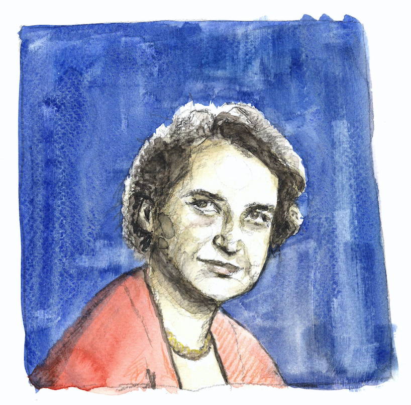 Aquarell-Porträt einer Frau mit lockigem, dunklem Haar. Sie trägt eine rote Jacke und eine goldene Halskette. Der Hintergrund ist in verschiedenen Blautönen gehalten.