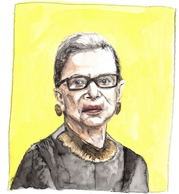 Aquarell-Porträt einer älteren Frau mit hochgestecktem, grauem Haar und einer schwarzen Brille. Sie trägt schwarze Kleidung mit einem goldenen Kragen und goldene Ohrringe. Der Hintergrund ist in einem leuchtenden Gelbton gehalten.