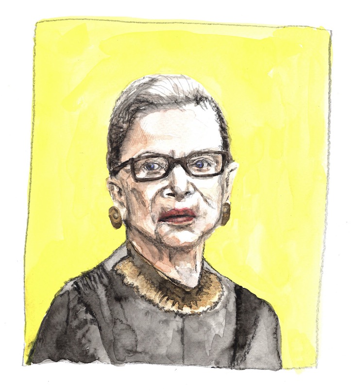 Aquarell-Porträt einer älteren Frau mit hochgestecktem, grauem Haar und einer schwarzen Brille. Sie trägt schwarze Kleidung mit einem goldenen Kragen und goldene Ohrringe. Der Hintergrund ist in einem leuchtenden Gelbton gehalten.